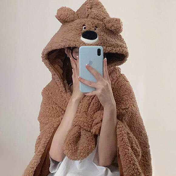 따뜻한 브라운베어 극세사 후드 입는 담요 블랭킷