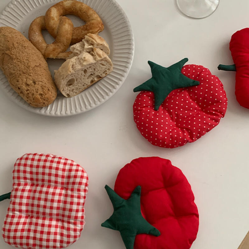 프루티 사과 토마토 체크 패브릭 쿠션 티코스터