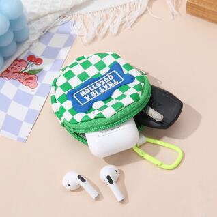 체커보드 패턴 휴대용 원형 파우치 에어팟 보관 키링