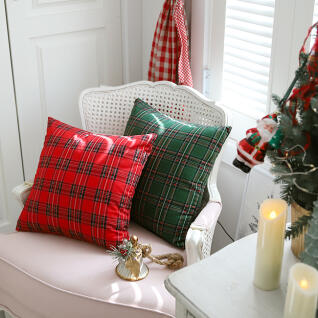코지 크리스마스 체크 일러스트 쇼파 쿠션 [솜포함]