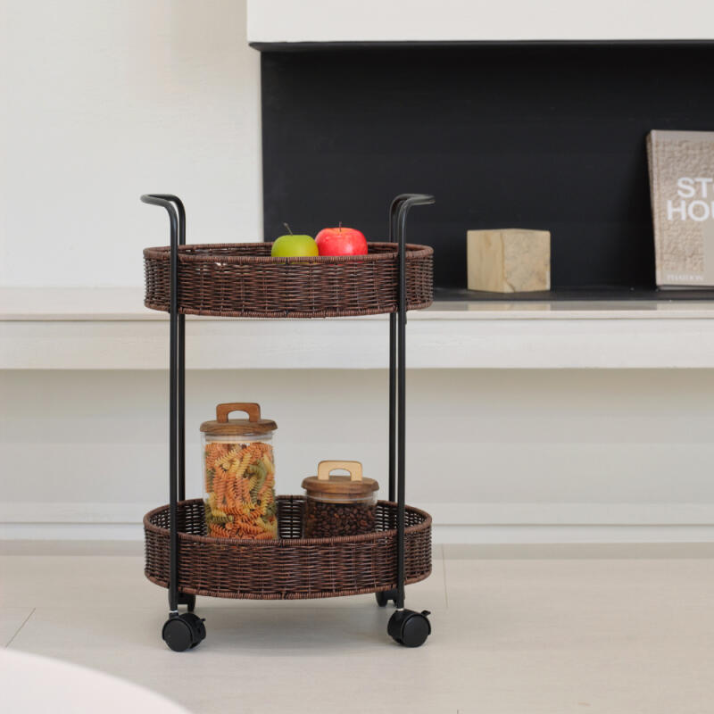 라토 2단 원형 라탄 트롤리 - 2colors