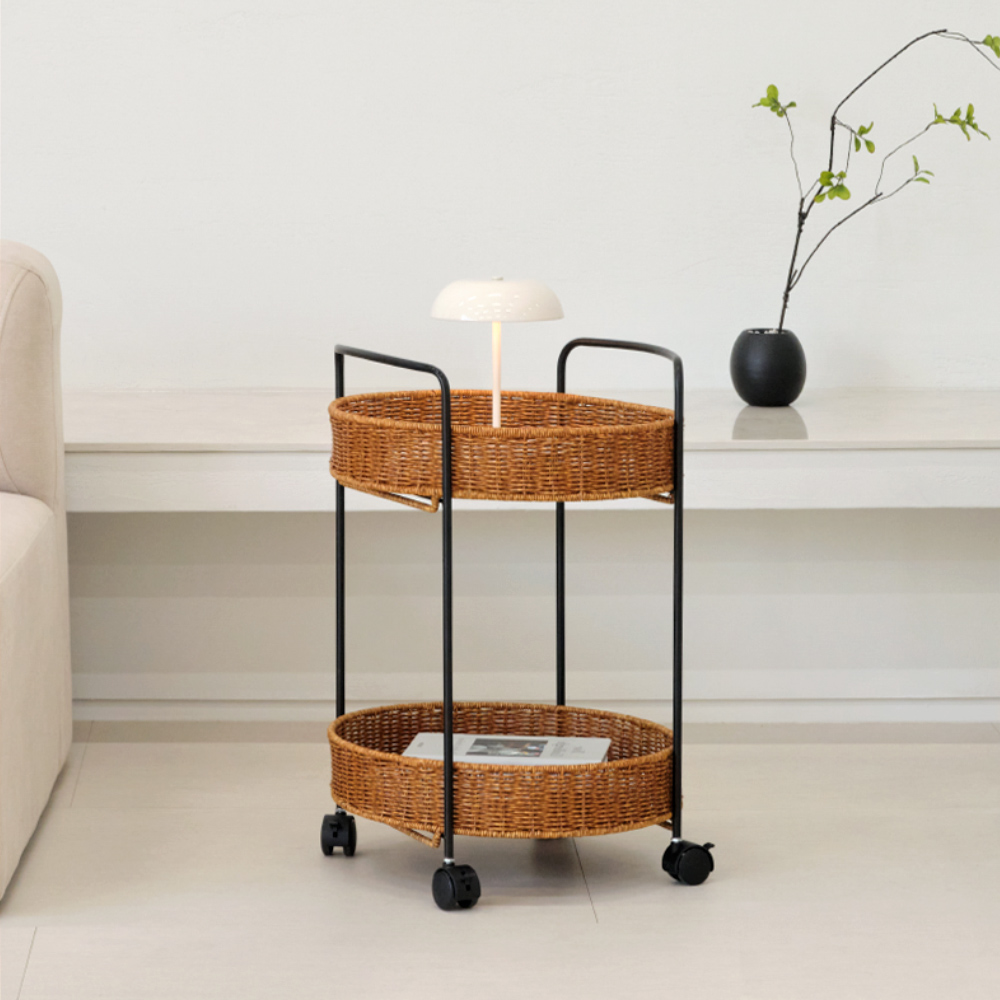 라토 2단 원형 라탄 트롤리 - 2colors