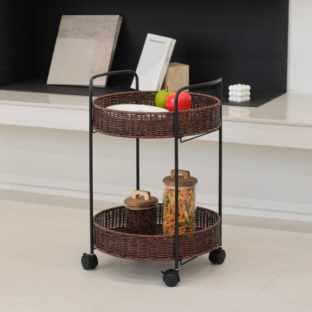 라토 2단 원형 라탄 트롤리 - 2colors 0002