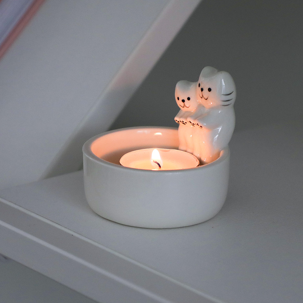 불쬐는 고양이 두마리 도자기 티라이트 캔들홀더 0004